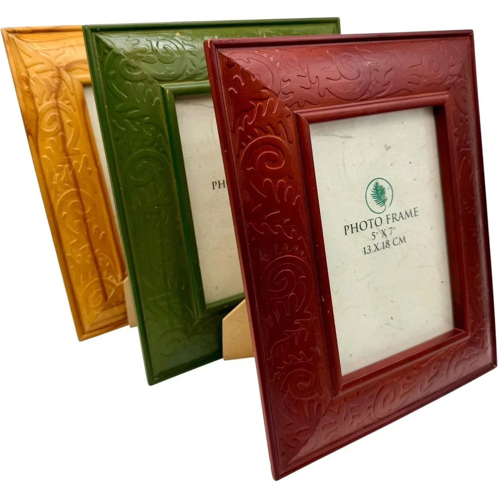 Set of 3 Embossed Wood 5x7 Photo Frames Red Green Natural Tabletop Decor Good